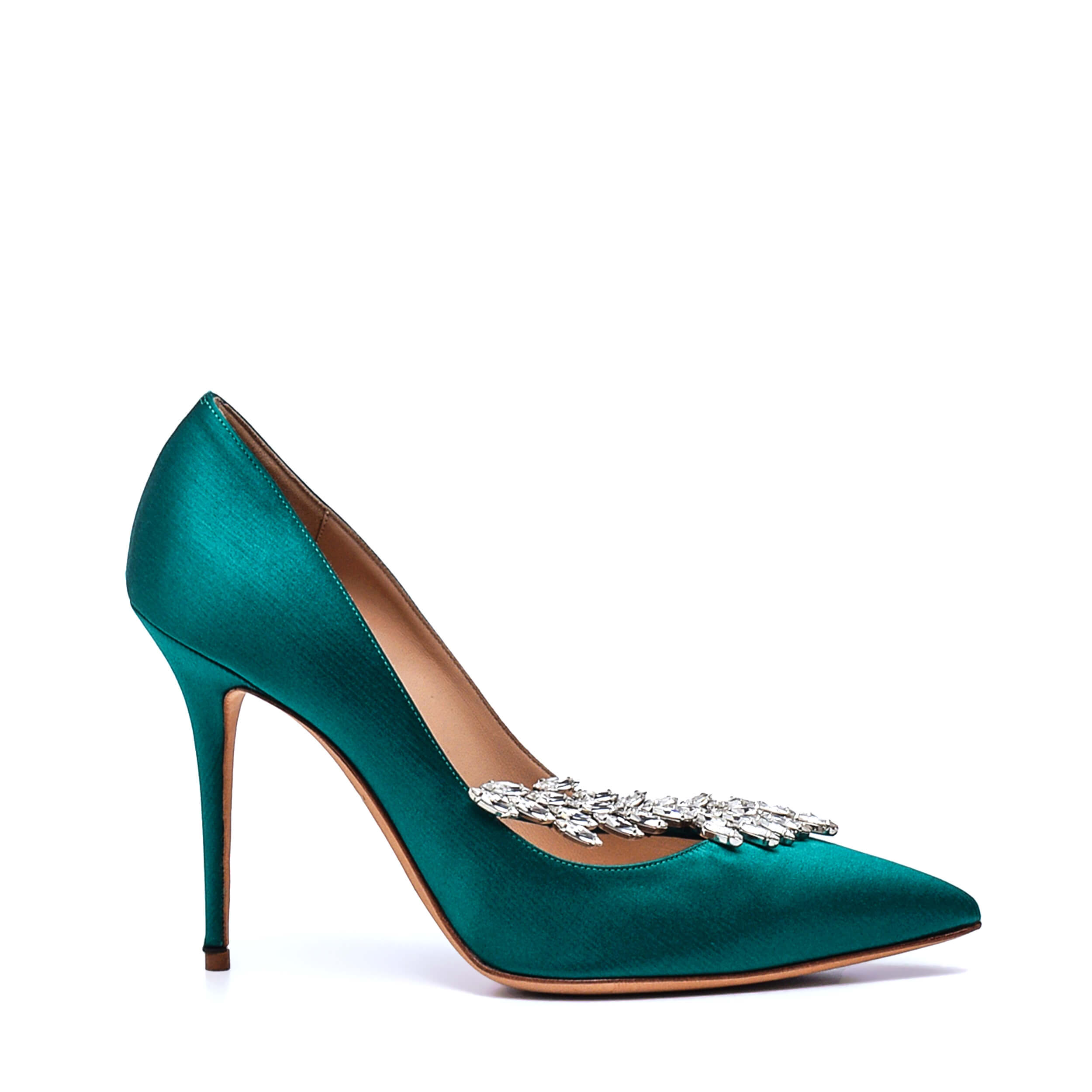 Manolo Blahnik - Green Satin Nadira Jewel Buckle Pumps / 38